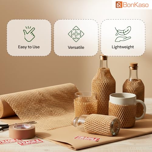 Image of BonKaso Honeycomb Paper Wrap Roll 100M x 15 Inch | 80 GSM Eco-Friendly Brown Packaging Roll | Cushioning & Shockproof Wrap for Fragile Items | Sustainable Packing Material for Shipping