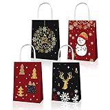 かわいい赤黒クリスマスギフトバッグ クラフト クリスマスラッピング袋 紙袋 手提げ袋 クリスマスプレゼント用 リサイクル可能 (4パック)