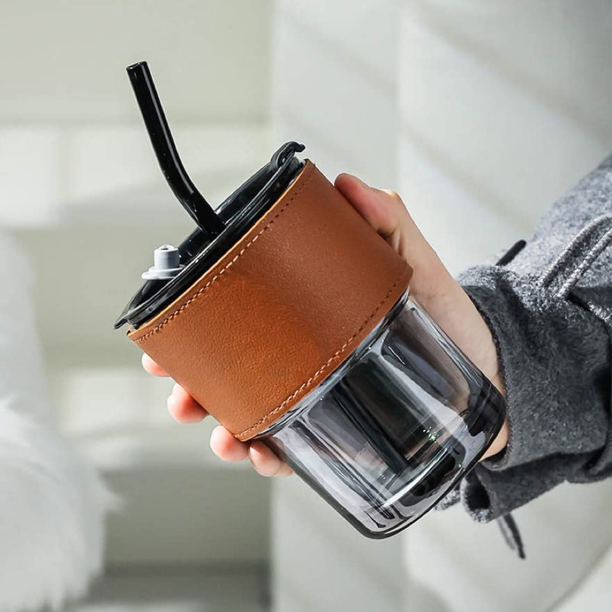 HARKNOX Glass Sipper Coffee Cup with Lid Straw & Protective Anti-Skid Leather Sleeve for Hot & Cold Beverages Milk Fruit Juice Smoothies Mug for Kids, Travel Office Tumbler for Tea and Coffee - 435 ML (B0CWD1S2JC) Amazon Price History, Amazon Price Tracker