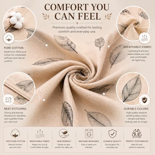 Image of 100% Pure Cotton King Size Bedsheet with 3 Pillow Covers | Family Size 90 x 100 Inches | Soft & Breathable Cotton Bedsheet fits Double Bed, Queen Bed, King Bed | Beige Leaf Print