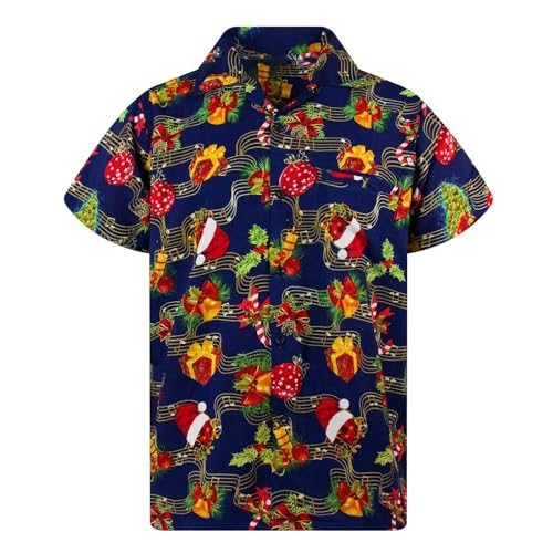 Camisa hawaiana para hombre, estilo informal, divertida, de Navidad, manga corta, floral, con botones, de Papá Noel, para vacaciones, F-azul., M