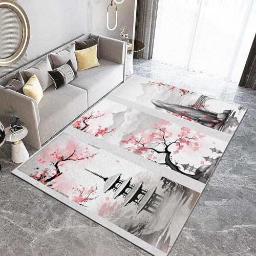 Tapis de Salon Style Japonais 60 x 120 cm - Pagode Fleurs De Cerisier, Doux Poils Courts, Moderne, Antidérapant, Grand pour Chambre, Décoration d'intérieur,...