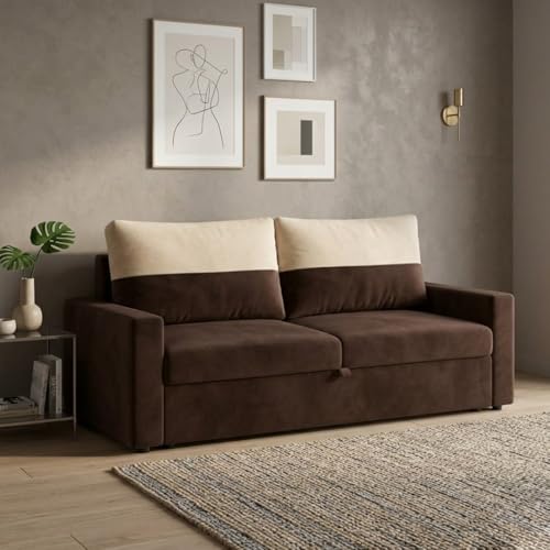 Image of SOCOZI Enrique 2 Seater Sofa Cum Bed | Soft Velvet Suede Fabric | Modern Convertible Design | Plush Comfort Seating for Living Room (Dark Brown)