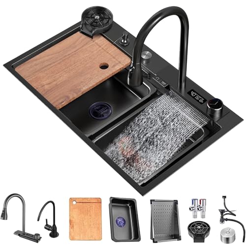 75x45cm Fregadero De Cocina En Cascada Negro, Fregadero Nano De Acero Inoxidable, Fregadero Para El Hogar, Lavabo Para Verduras, Fregadero Individual, Estación De Trabajo