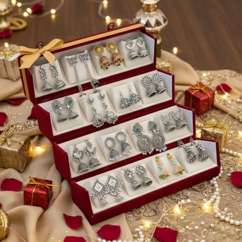 Image of Oxidised Silver Look Jhumka Earrings Box for Women | 16 Pairs Traditional Ethnic Jhumki Combo Gift Hamper with Velvet Box | Festive Wedding Jewellery | Gift For Women