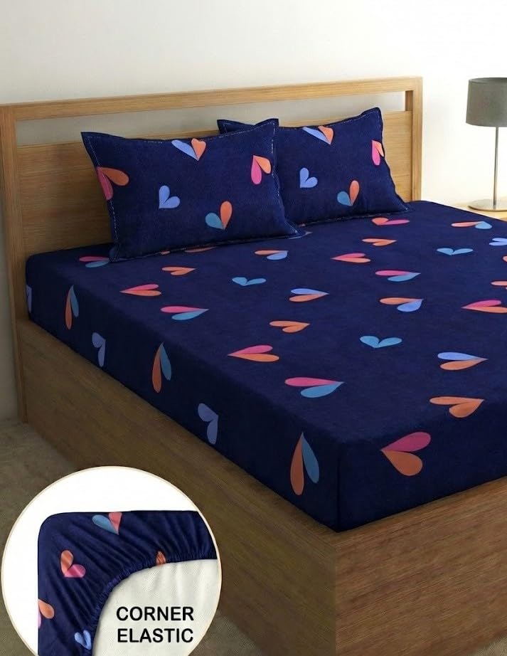 Image of Fashion String Microfibre Little Heart Blue Corner Elastic Fitted Double Bedsheet (72x78 Inches) with 2 Pillow Covers