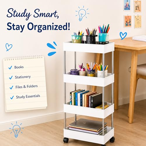 Image of Multipurpose 4-Tier Plastic Storage Rack with Wheels - Slim Organizer Shelf for Kitchen, Bathroom, Office & Home Use (White)