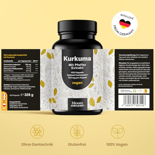 Kurkuma Kapseln Hochdosiert - 400 Kapseln (13 Monate) mit 700mg mit Curcumin & Piperin - vegan und mit Liebe aus Deutschland - Curcuma Kapseln - Laborgeprüft - Verpackung kann variieren