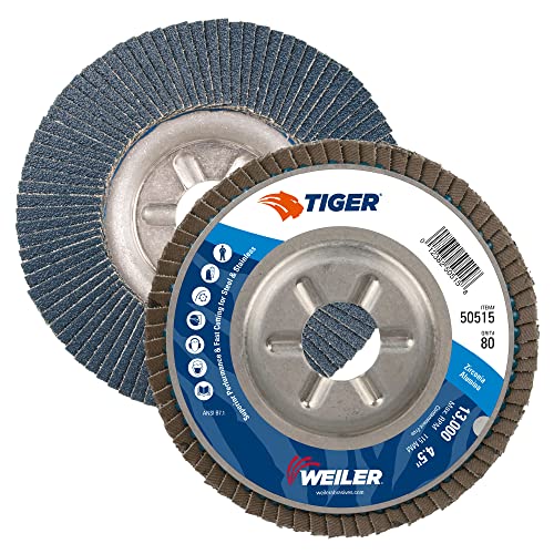 Image of Weiler 50515 Tiger Abrasive Flap Disc, Type 29, Round Hole, Aluminum Backing, Zirconia Alumina, 4-1 /2 inch Dia., 80 Grit