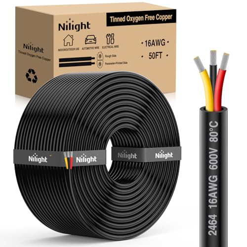Image of Nilight 50FT 16AWG 3 Conductor Wire Tinned Copper Red Black Yellow | 3 Electrical Wire Tinned Oxygen Free Copper Parallel 600V DC Flexible PVC Case Extension Cords for LED Strip Lamp Lighting