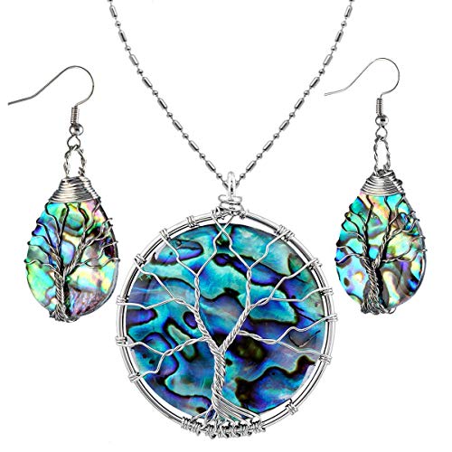 SUNYIK Natural Abalone Shell Tree of Life Pendant Necklace and Earrings Jewelry Set for Women, Handmade Wire Wrapped Necklace Earrings Set for Women