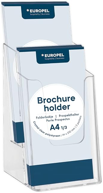 Europel 2-Tier Leaflet & Brochure Holder for 1/3 A4 Size Literature Clear Acrylic Construction Booklet, Flyer Menu Display Dispenser Office, Restaurants Reception Portrait |, 350105