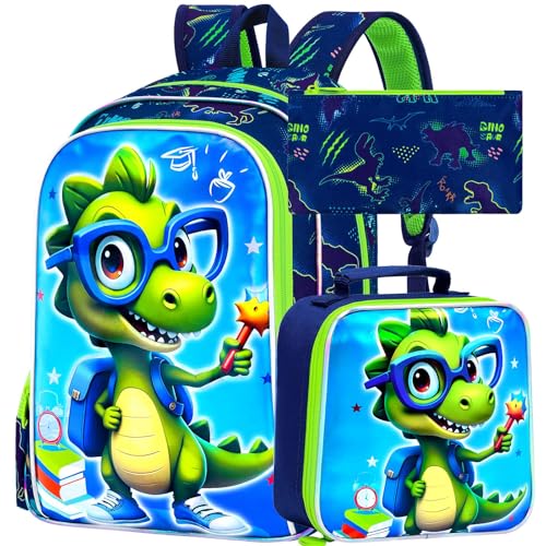 Image of 16 inch Dinosaur Backpack for Boys, 3Pcs Bookbag with Lunch Box, Kids School Backpacks Set for Elementary Preschool Kindergarten (Green)