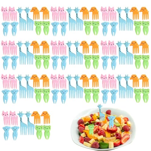 Mini tenedores infantiles para fruta – Tenedor de fruta con diseños de animales, coloridos, 100 piezas, tamaño pequeño, para niños, reutilizables