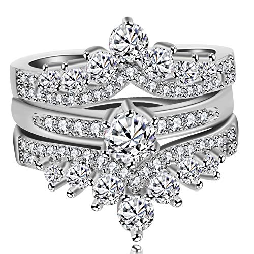 Uloveido 2 pcs Women's Round Brilliant Cubic Zirconia Ring Guard Enhancer Double Princess Crown Wedding Rings Set Y477-J0484