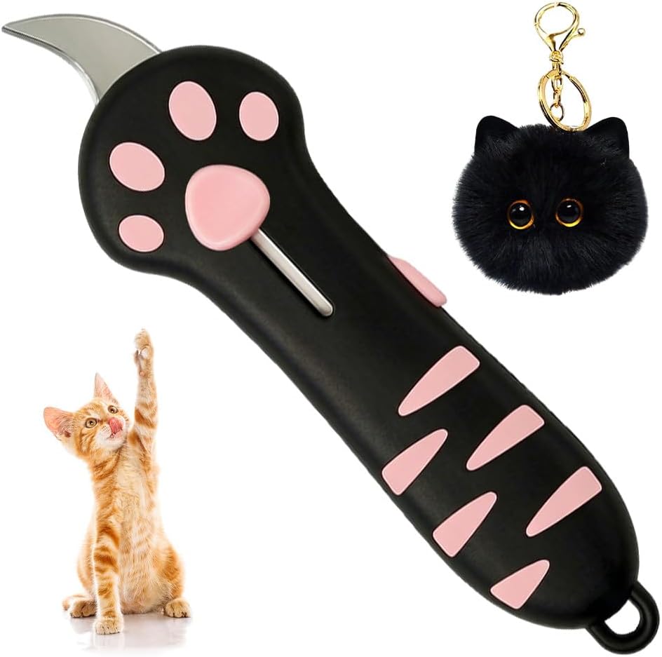 2026 Cat Paw Box Cutter Cat Box Cutter Retractable Cats Claw Cutter - Adorable Cat-Shaped Paper Boxs Cutter(Pink) And Cute Kitten-Shaped Keychain(Black)