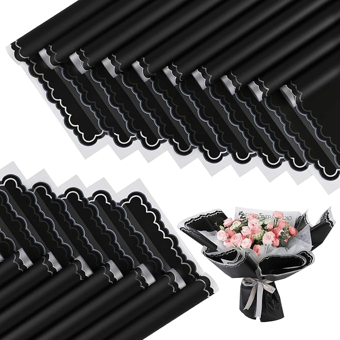 Zarwani - 5 Sheets Korean Style Waterproof Black Bouquet Wrapping Paper (58cm x 58cm, 60 Microns) | Wavy Line Design, Giftwrap for Flowers & DIY Christmas Gift Wrapping Paper (5, Wavy Line Black)