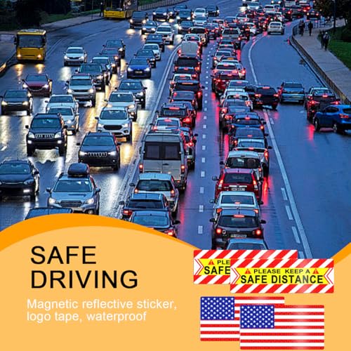 Image of Zpana American Flag Car Reflective Magnetic Stickers, 4PCS Keep a Safe Distance Safety Warning Signs Sticker for Auto Window Bumper, Vehicle Exterior Decor, Universal for SUV Sedan Truck