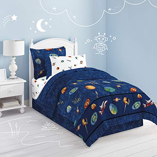 Dream Factory Kids 6-Piece Complete Set With Bedskirt Easy-Wash Super Soft Comforter Bedding, Twin, Blue Outer Space Satellites #TOP2