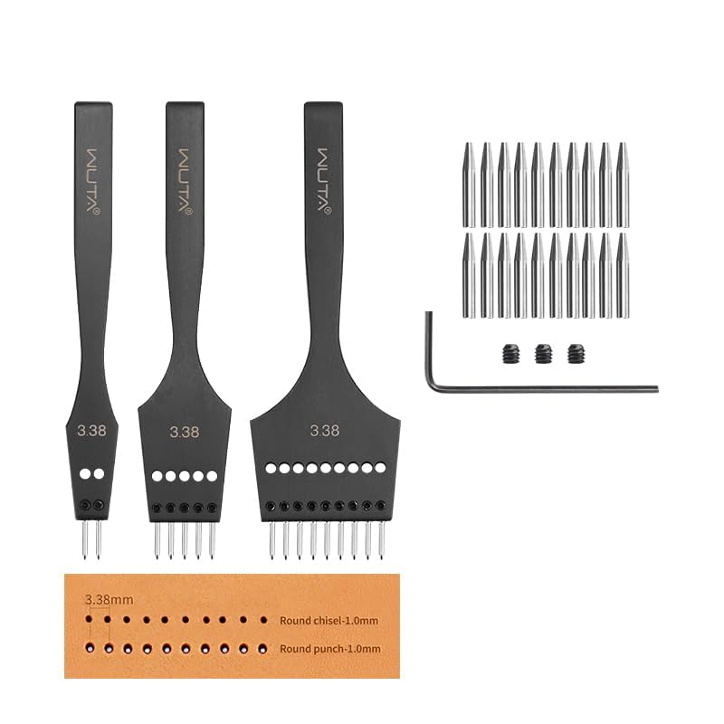 WUTA 3rd Gen Professional Leather Punch Tools, Removable Lacing Stitching Chisel Round Hole Kit for Leather Craft, DIY Belts, Bags, Wallets & Saddlery-3.38mm(2+5+9) Hole
