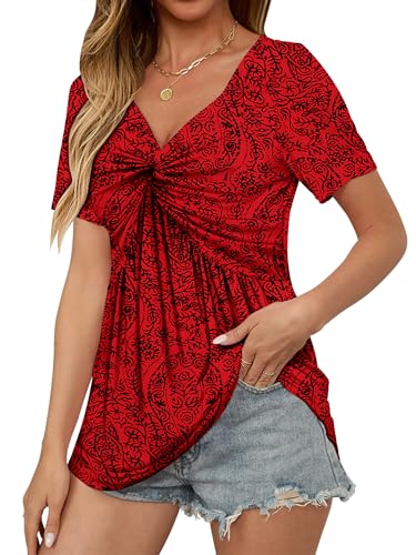 ONLYSHE Womens V Neck Shirts Short Sleeve Tops Front Knotted T Shirt Casual Solid&Floral Tunic Summer Henley Tees Blouse3