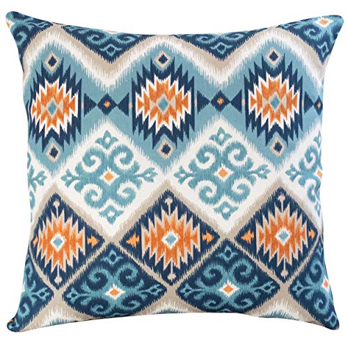 Printed Navajo Kilim Style Extra Large Cushion Cover. Teal Blue and Burnt Orange Abstract Geometric Design. Square Floor Pillow, 100% Cotton. Native American Style. (58cm x 58cm Cover only)