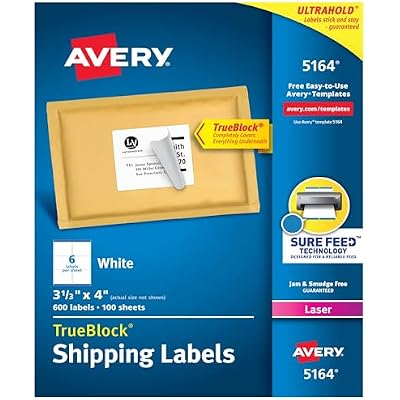 Avery Printable Shipping Labels with Sure Feed, 3-1/3 x 4, White, 600 Blank Mailing Labels for Laser Printers (5164)