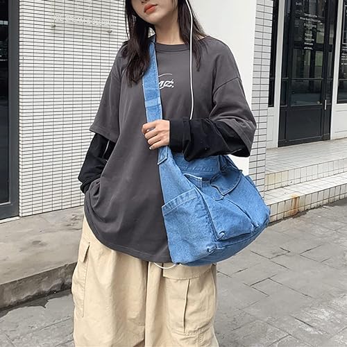 Image of Denim Shoulder Bag Canvas Messenger Bag for Women Men Tote Bag Casual Retro Aesthetic Crossbody Bag Handbag