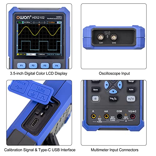 Image of OWON HDS2102 2CH Handheld Oscilloscope 100MHz Bandwidth 20000 Counts Multiumeter OSC + DMM