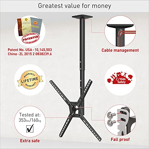 Barkan Tv Ceiling Mount, 29-65 Inch Full Motion - 3 Movement Flat/Curved Screen Bracket, Holds Up To 88 Lbs, Telescopic Height Adjustment, Lifetime Limited Warranty, Fits Led Oled Lcd Black #TOP2