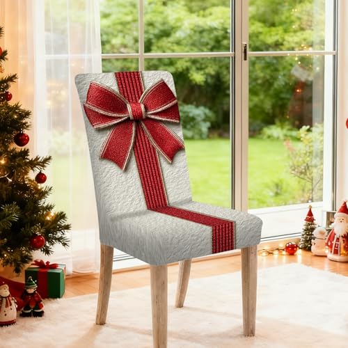 Image of Nuxovilar 6PCS Red Bow Elegant Stretch Chair Covers 23.6x70in | Holiday Slipcover Festive Protector Bow Wrap Seat Guard Dining Room Banquet Formal Party (Red Bow Elegant)