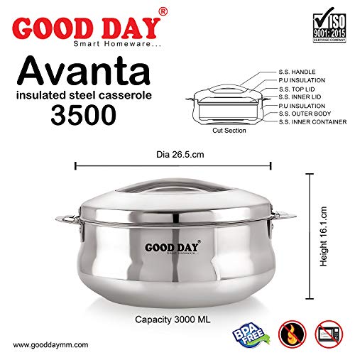 Image of Good Day Avanta-35 Insulated Stainless Steel Solid Serving Casserole with Lid, 3500 ml, Silver