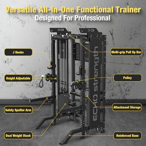 Image of Commercial Functional Trainer Cable Machine with Dual Weight Stacks, Power Cage Squat Rack, Dual Cable Crossover Machine with Pulley System