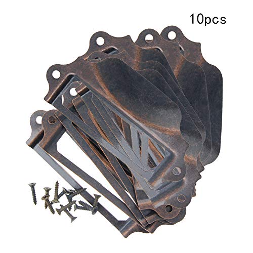 Mromax 10Pcs Iron Label Holder Pull Handles Vintage Label Frame Drawer Pulls Knobs 3.54" X 1.61" (Lxw) For Cabinet Wardrobe Cupboard Dresser Drawer Door Red Bronze Tint (With Screw) #TOP3