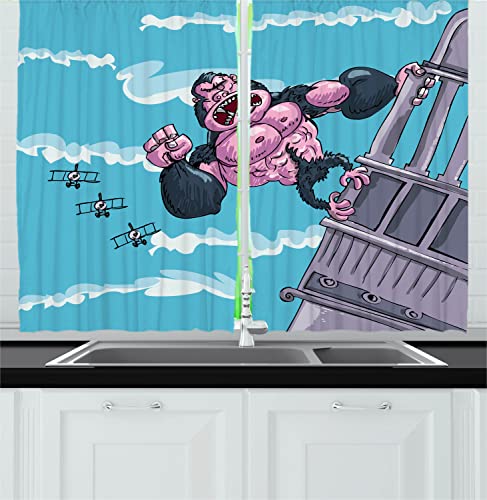 Ambesonne Cartoon Long Kitchen Curtains, King Kong Hanging on a Building Fantasy Fiction Gorilla Illustration, 2 Panel Set Drapes with Rod Pocket Room Decor, 55