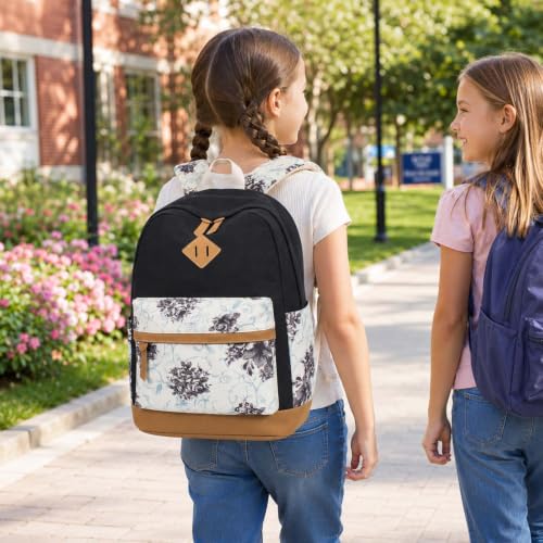 Image of Leaper School Cute Backpack for Girls: Canvas Kawaii Bookbags for Girl 10-12 Years Old - Laptop Travel Backpacks for Teens Floral Black