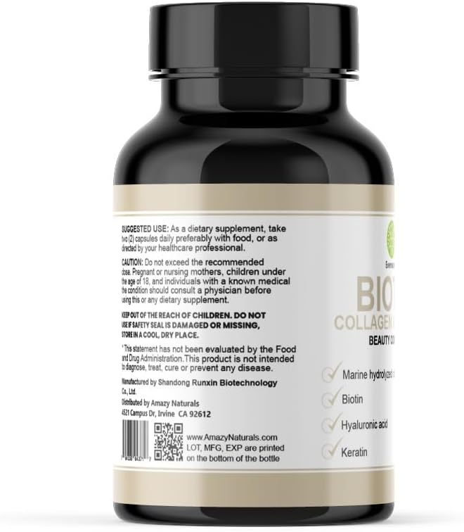 Miniatura 3 de Evernatura Complejo de biotina con colágeno, queratina y ácido hialurónico, 120 cápsulas vegetales, 25,000 complejos de belleza para la salud del