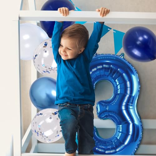 Image of Navy Blue 3rd Birthday Balloon - Giant Self Inflating Number 3, Metallic Dark Blue Silver Confetti Helium Balloon, Foil 40 Inch Three for Boys 3 Year Old Birthday Party Anniversary Decor