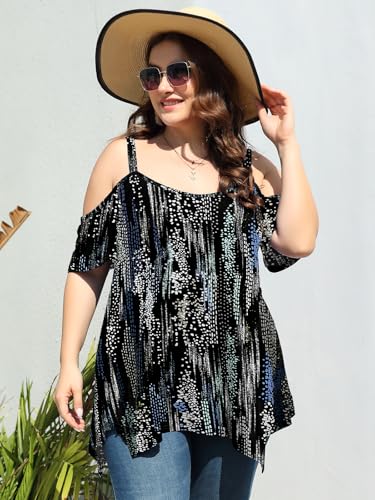 Image of LARACE Cold Shoulder Tops for Womens Summer Clothes Spaghetti Strape Tunic Oversized Shirts Asymmetrical Plus Size Blouse