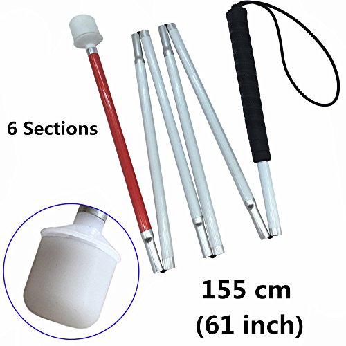 Aluminum Mobility Folding White Cane for Vision Impaired and Blind People (Folds Down 6 Sections) (155cm (61inch), Black Handle)