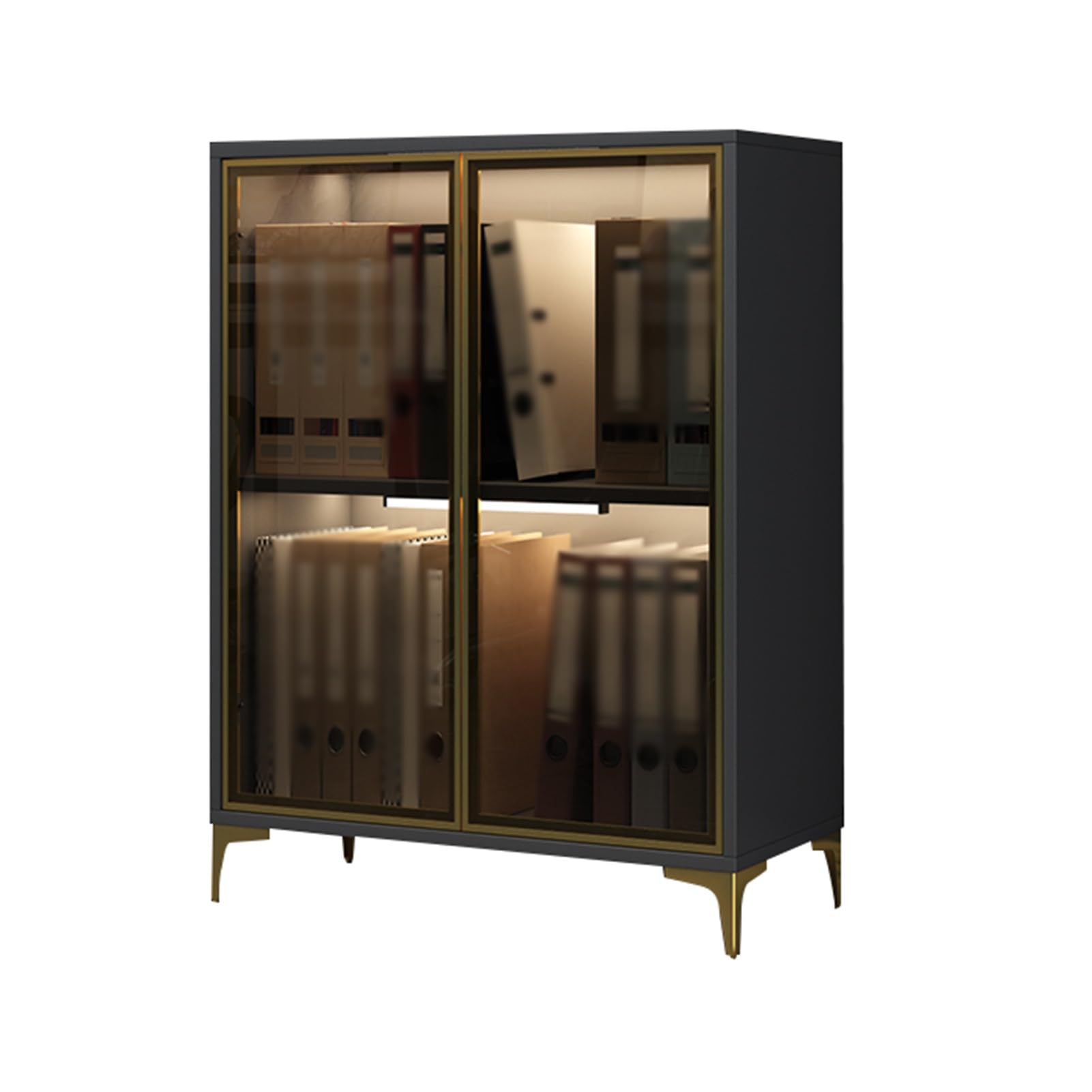 Lagerschrank, Vitrinenschränke Aus Stahl Mit 2 Glastüren Und Licht, Aktenschränke, Aktenlagerschränke Für Büro, Schule, Zuhause, Klassenzimmer(A-Black)