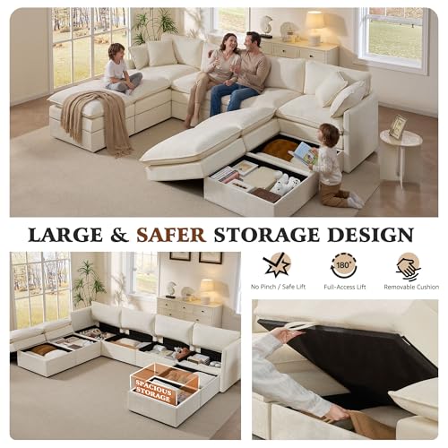 Image of Ihanherry 135 inch Oversized Sectional Sofa Bed with Storage, 8-Seater Modular Cloud Couch with Movable Ottomans, Chenille Deep Seat Sleeper Couches for Living Room (Beige)