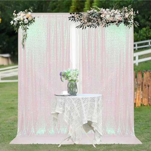 Image of PartyDelight Iridescent White Sequin Backdrop 5x10ft 2 Panels | Iridescent white 3mm sequins show pink and purple tones under light on mesh backing for photos arches stages and party walls