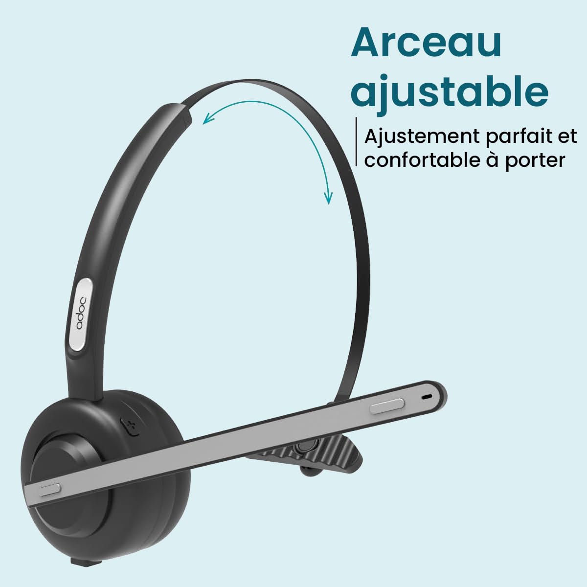 ADOC BT01 Casque Bluetooth monophonique avec microphone rotatif à 270 degrés, annulateur de bruit, bandeau réglable, touche multifonction, batterie durable, utilisation des deux côtés (oreille
