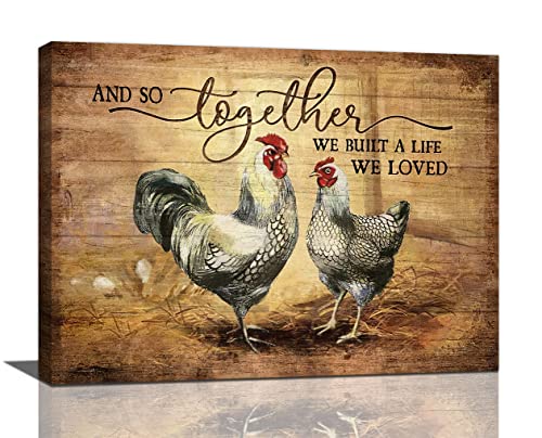 Farmhouse Chicken Wall Art Country Rooster Hen Chicks Pictures Wall Decor Rustic Canvas Prints Painting Motivational Vintage Framed Artwork For Kitchen Bathroom Bedroom Living Room 16"X12" #TOP18