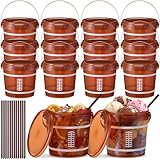 Afarnook 12 Set 25 oz American Football Plastic Drink Buckets with Straws Handles Lids Reusable Cocktail Rum Buckets 750ml Smoothie Milk Tea Cups Food Containers Pails Sport Party Supplies