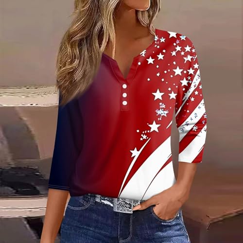 Image of 4th of July Shirts Women 3 /4 Length Sleeve Womens Tops Henley Neck Casual Patriotic T Shirts