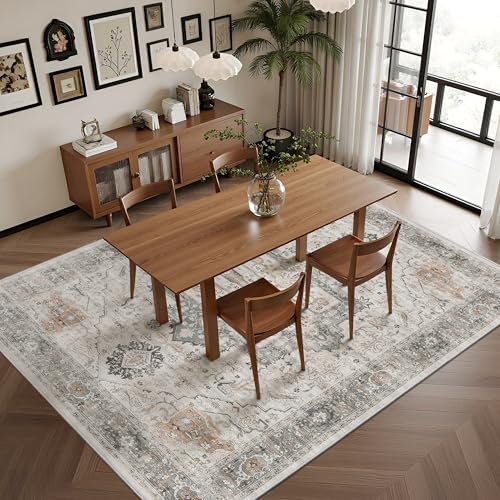 Rugland 6x9 Area Rugs - Stain Resistant Washable Rug, Anti Slip Rugs for Living Room, Vintage Tribal Area Rugs(Medallion 01-Taupe/Grey, 6'x9')