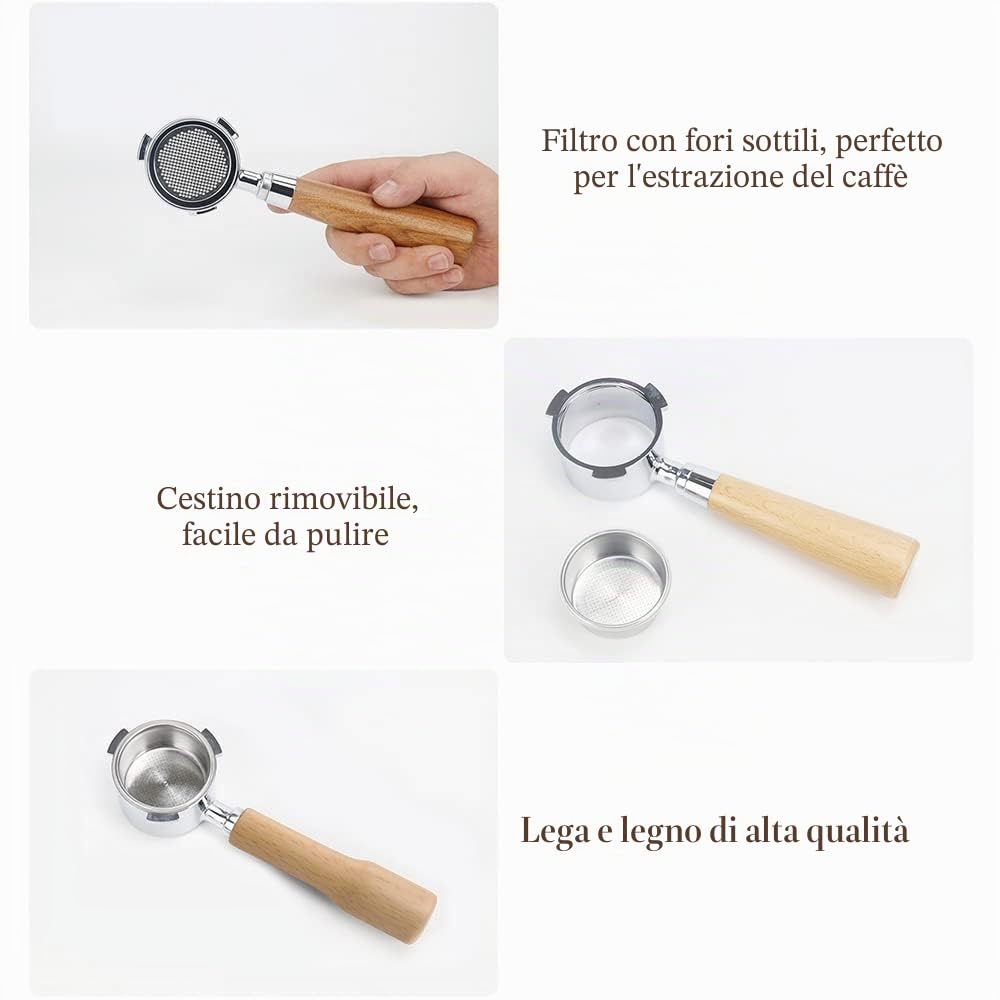 Portafiltro senza fondo da 51 mm, con filtro e manico in legno, ricambio per utensili per macchina da caffè EC680 EC685, filtro in lega riutilizzabile, accessori per l'estrazione del