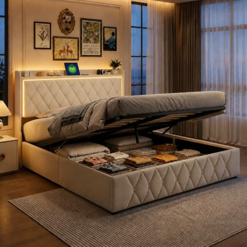 HYNHXBP Lit Coffre 140x190 avec Sommier, Lit 140 x 190 avec Sommier, Lit Double Rembourré en Velours Beige avec LED USB, Tête de Lit avec Rangement, Cadre de...